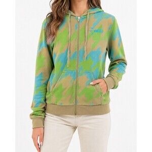 Nikita Zip Up Hoodie Women’s Medium Blue Green Beige Geometric Print 100% Cotton